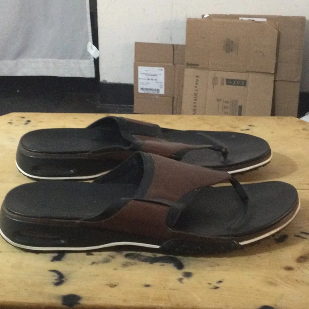 Men's Brown and Black Leather Toe-Post Sandals